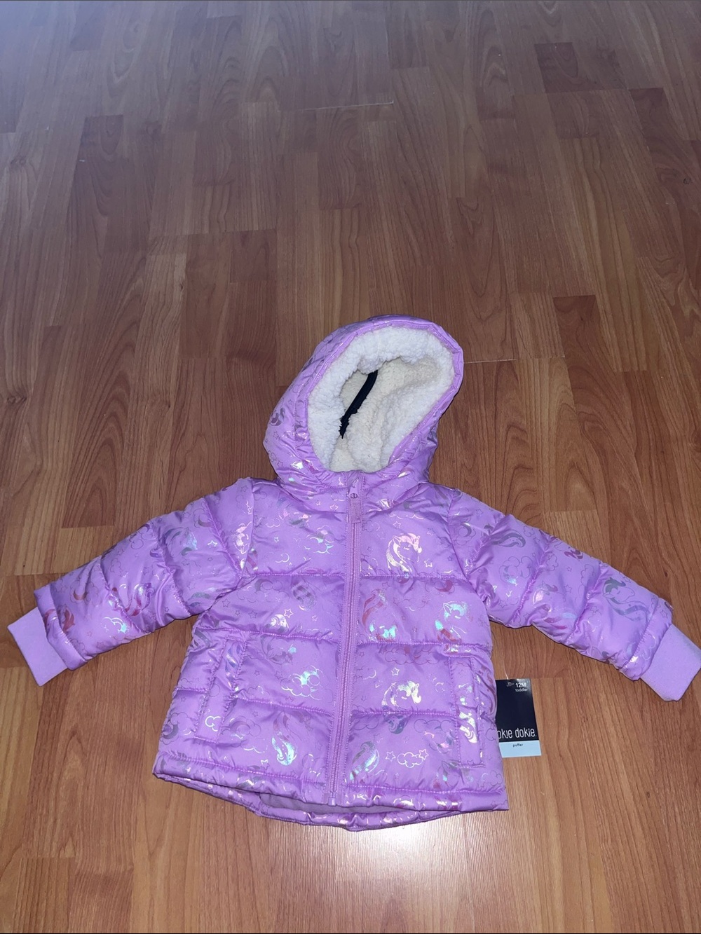 okie dokie Lavender Shiny Unicorn & Rainbows Silver Puffer Jacket w/ sherpa hood